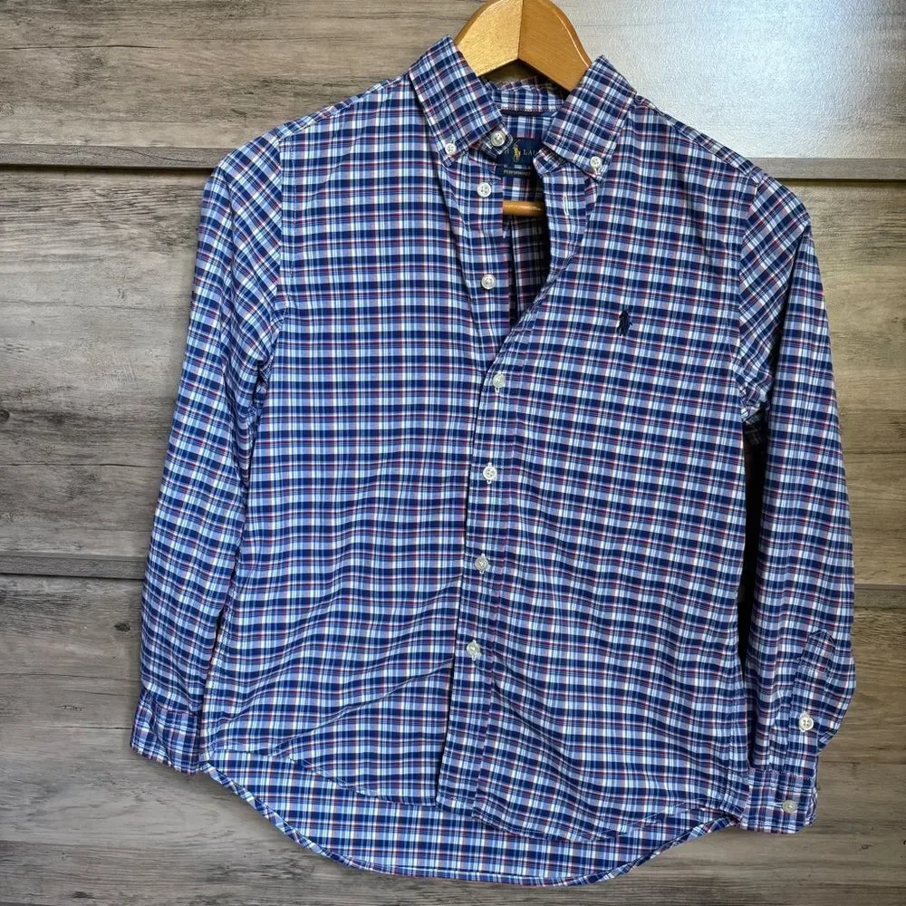 Ralph Lauren Boys M 10-12 Red White Blue Plaid Button Down Shirt Patriotic Top